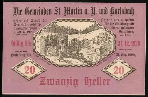 Notgeld St. Martin und Karlsbach 1920, 20 Heller, Landschaftsansicht mit Gebäuden und Wald