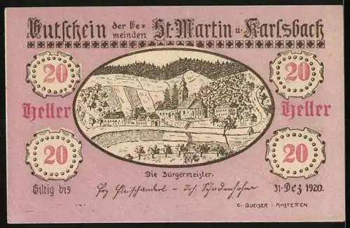 Notgeld St. Martin und Karlsbach 1920, 20 Heller, Landschaftsansicht mit Gebäuden und Wald