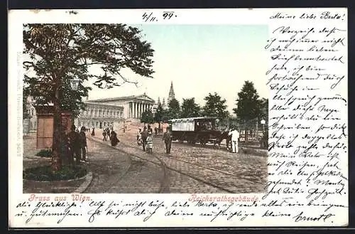 AK Wien, Reichsratsgebäude mit Pferdebahn