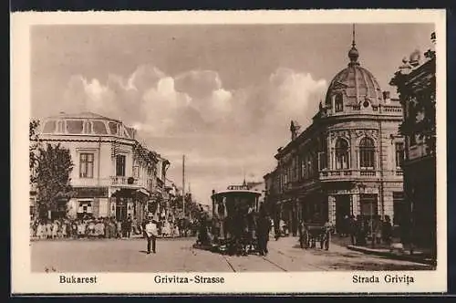 AK Bukarest, Grivitza-Strasse mit Pferdebahn