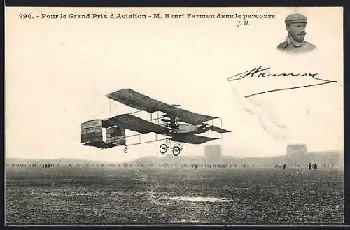 AK Camp d`Auvours, pour le Grand Prix d`Aviation, M. Henri Farman dans le parcours, Flugzeug