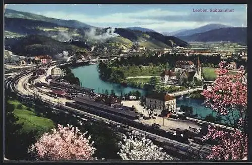 AK Leoben, Partie am Südbahnhof aus der Vogelschau