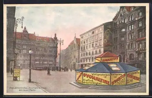 AK Wien, Kapuzinerkirche und Ovomaltine-Kiosk am neuen Markt mit Strassenbahn, Schleichwerbung