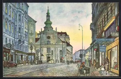 Künstler-AK Wien, Filiale Julius Meinl in der Wiedener Hauptstrasse 14 und Paulaner-Kirche, Schleichwerbung