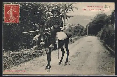 AK Lozières, Retour du Village, Eselreiter in Tracht