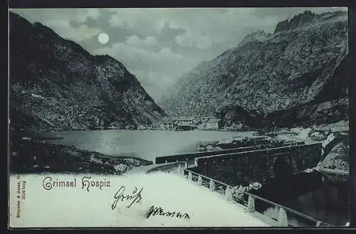 Mondschein-AK Grimselpass, Grimsel Hospiz, Häusergruppe am See