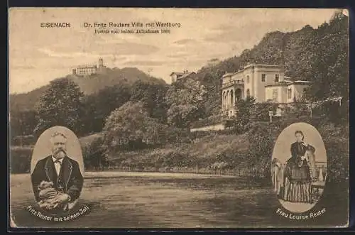 AK Eisenach, Dr. Fritz Reuters Villa mit Wartburg, Porträt Fritz Reuters mit Hund und seiner Frau