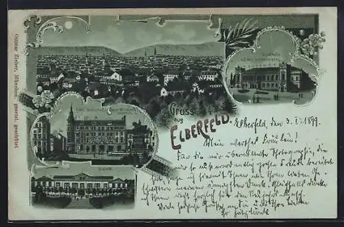 Lithographie Elberfeld, Hotel Weidenhof und Kaiser Wilhelm-Denkmal, Haardt, Stadthalle auf dem Johannisberg