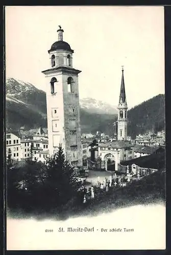 AK St. Moritz, Ortspartie mit Blick auf den schiefen Turm