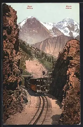 AK Schynige-Platte-Bergbahn mit Blick auf Eiger und Mönch