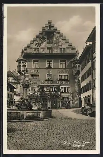 AK Zug, Hotel Ochsen, Kolinplatz mit Brunnen