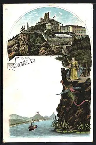 Lithographie Königswinter, Blick zum Drachenfels