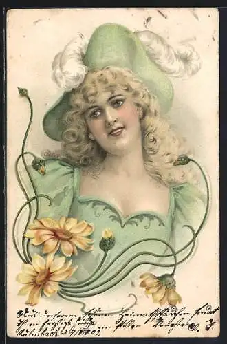 AK Jugendstil, blonde Dame in grünem Kleid mit Hut, Sonnenblumen