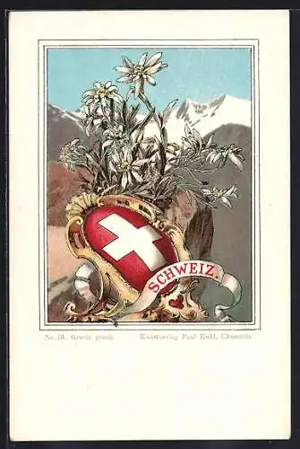 Lithographie Schweiz, Wappen und Edelweiss vor schneebedeckten Bergen