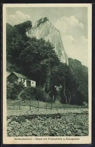 AK Stubbenkammer, Strand mit Fischerhütte und Königstuhl