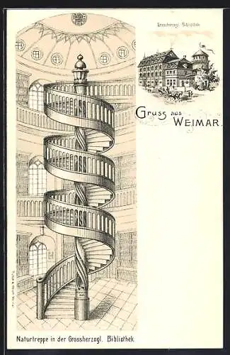 Lithographie Weimar / Thüringen, Grossherzogl. Bibliothek, Naturtreppe