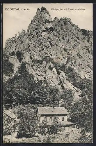 AK Thale, Gasthaus Königsruhe mit Rosstrappenfelsen