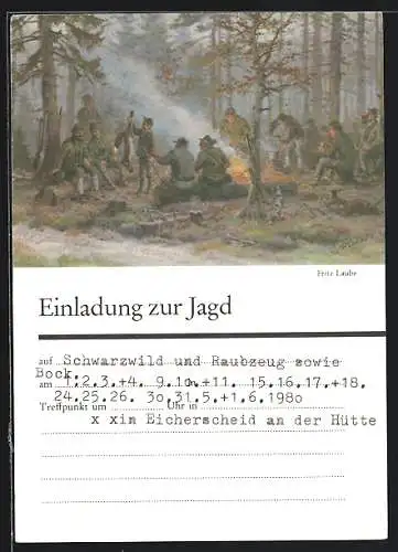 AK Eicherscheid an der Hütte, Jagdeinladung 1980, Jäger am Lagerfeuer