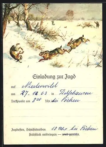 Künstler-AK Einladung zur Jagd 1963 auf Hase und Fuchs in Grantschen