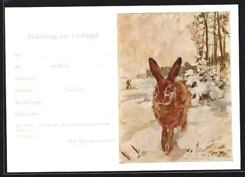 Künstler-AK Einladung zur Treibjagd, Hase im Schnee