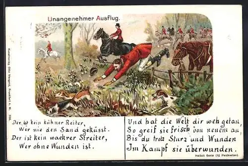 Künstler-AK Jäger stürzt von seinem Pferd