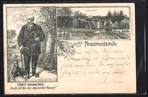 Lithographie Friedrichsruh, Ortspartie, Fürst Bismarck mit Hund