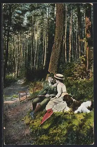 AK Jäger mit Dame und Hund