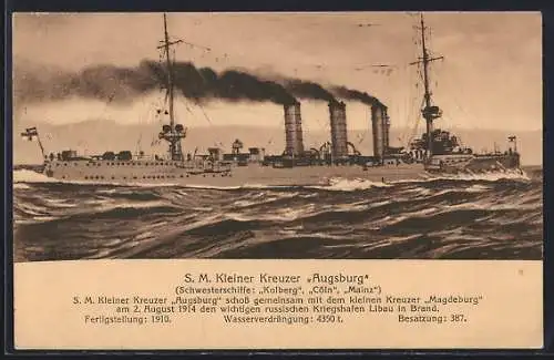 Künstler-AK S.M. Kleiner Kreuzer Augsburg auf hoher See