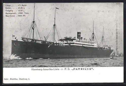 AK Passagierschiff P. D. Patricia in voller Fahrt, Hamburg-Amerika-Linie