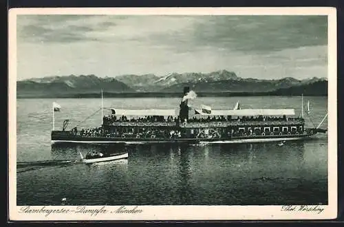 AK Starnberger See, Seitenraddampfer München mit Blick auf die Berge