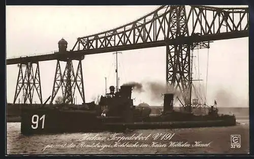 AK Hochsee Torpedoboot V 191 passiert die Rendsburger Hochbrücke im Kaiser Wilhelm Kanal