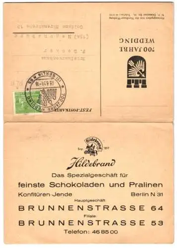 Klapp-AK Berlin-Wedding, Spezialgeschäft für Schokoladen und Pralinen Hildebrand, Brunnenstrasse 64