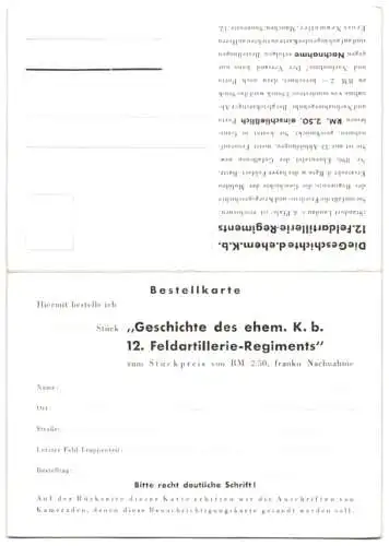 Klapp-AK München, Ernst Neumüller, Sonnenstrasse 12, Bestellkarte Gesch. des ehem. K. b. 12. Feldartillerie-Regiments