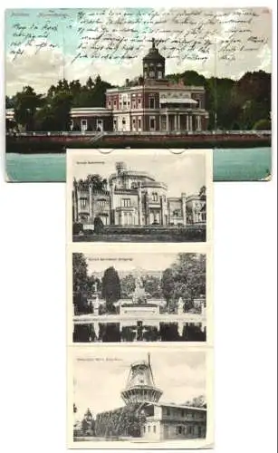 Leporello-AK Potsdam, Marmorpalais, Orangerie, Stadtschloss und Nikolaikirche, Schloss Babelsberg