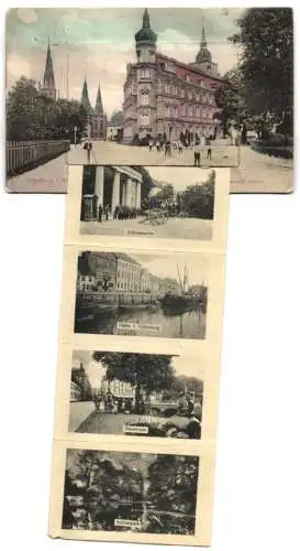 Leporello-AK Oldenburg / O., Grossherzogl. Schloss, Postgebäude, Hafen, Bahnhof