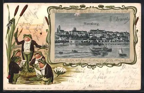 Präge-Lithographie Meersburg, Froschchor mit Dirigent im See, Ortsansicht im Ornament-Rahmen