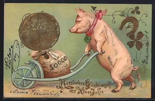 Präge-Lithographie Ein Schwein schiebt eine Karre mit Geldsack und Goldmünze, Glücksklee, Neujahrsgruss