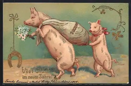 Präge-Lithographie Zwei Schweine mit Geldsack und Blumenstrauss, Hufeisen, Glücksklee, Neujahrsgruss