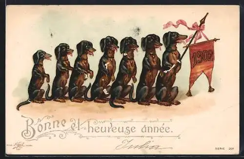 Lithographie Dackel mit Standarte machen Männchen in einer Reihe, Neujahrsgruss 1902