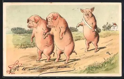 Lithographie Schwein mit Umhängetasche treibt zwei angekettete Schweine vor sich her