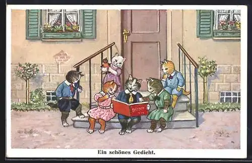 AK Ein schönes Gedicht, Katzenjunge beim Vorlesen für eine Katzen-Kindergruppe