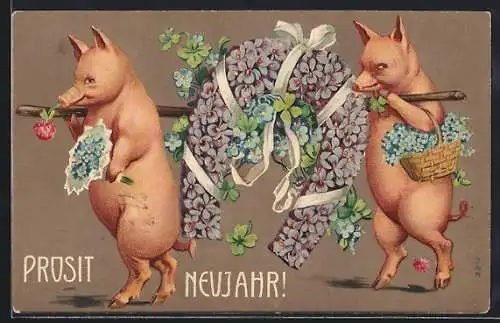 Präge-AK Zwei Schweine mit Blumen-Hufeisen an einer Stange, Vergissmeinnicht, Neujahrsgruss