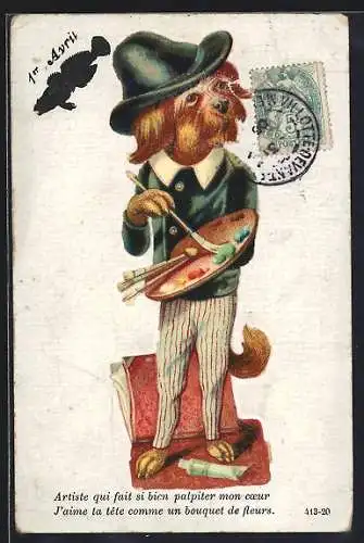 AK Hund mit Hut als Künstler mit Palette