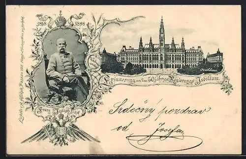 AK Wien, Rathaus, Kaiser Franz Josef I. von Österreich, 50. Regierungs-Jubiläum 1898