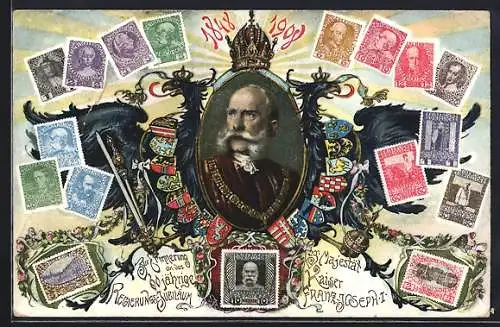 AK 60-jährige Regierungsjubiläum Kaiser Franz Josef I. von Österreich 1908, Briefmarken