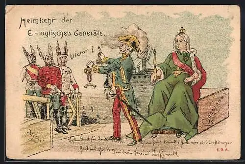 Künstler-Lithographie Karikatur, Heimkehr der englischen Generäle mit Hasengesichtern zu Queen Victoria