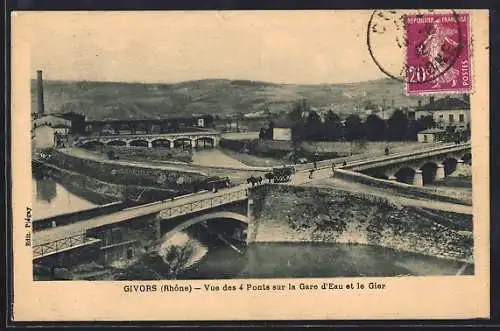 AK Givors, Vue des 4 Ponts sur la Gare d`Eau et le Gier