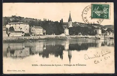 AK Fontaine, Village pittoresque au bord de la rivière avec église et maisons reflétées dans l`eau