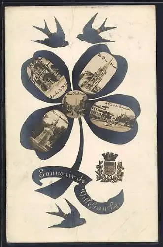 AK Villefranche, Souvenir de Villefranche avec vues des monuments et blason