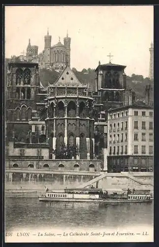 AK Lyon, La Saône, La Cathédrale Saint-Jean et Fourvière